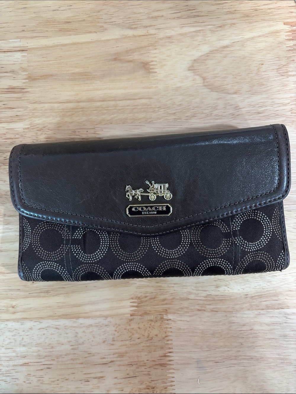 Coach Dark Brown Signature Circle Pattern Continental Wallet with check book